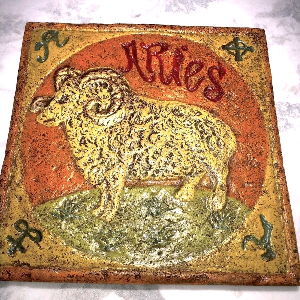 Boho 1970’s MCM ARIES astrological, carved wall sculpture, 11x11 on wood